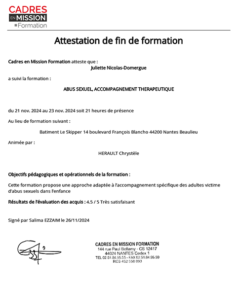 Diplôme formation : « Abus sexuel, accompagnement thérapeutique » (2024)