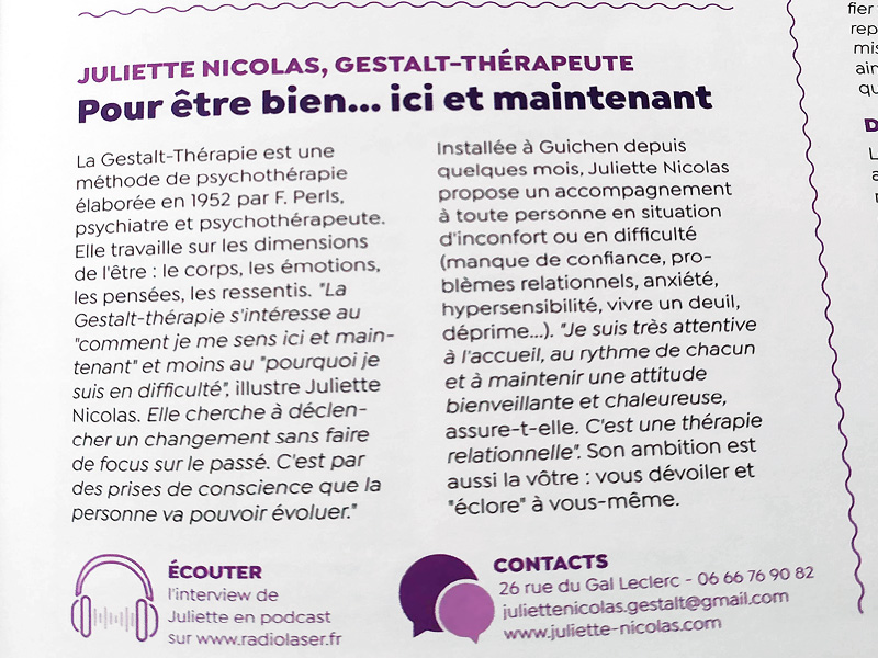Article de presse : « Juliette Nicolas - Gestalt-thérapeute : Pour être bien ici et maintenant » (Février 2022)